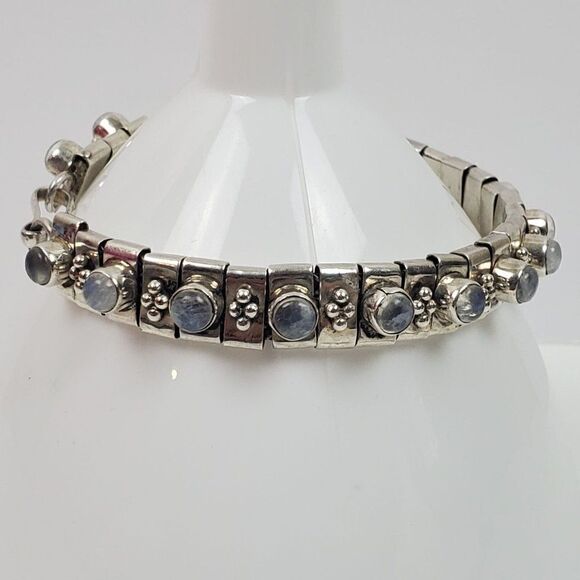 Sterling Silver 925 Opalite Glass Cabochon Panel Bead Link Bracelet Chunky 7.25" - Picture 3 of 15